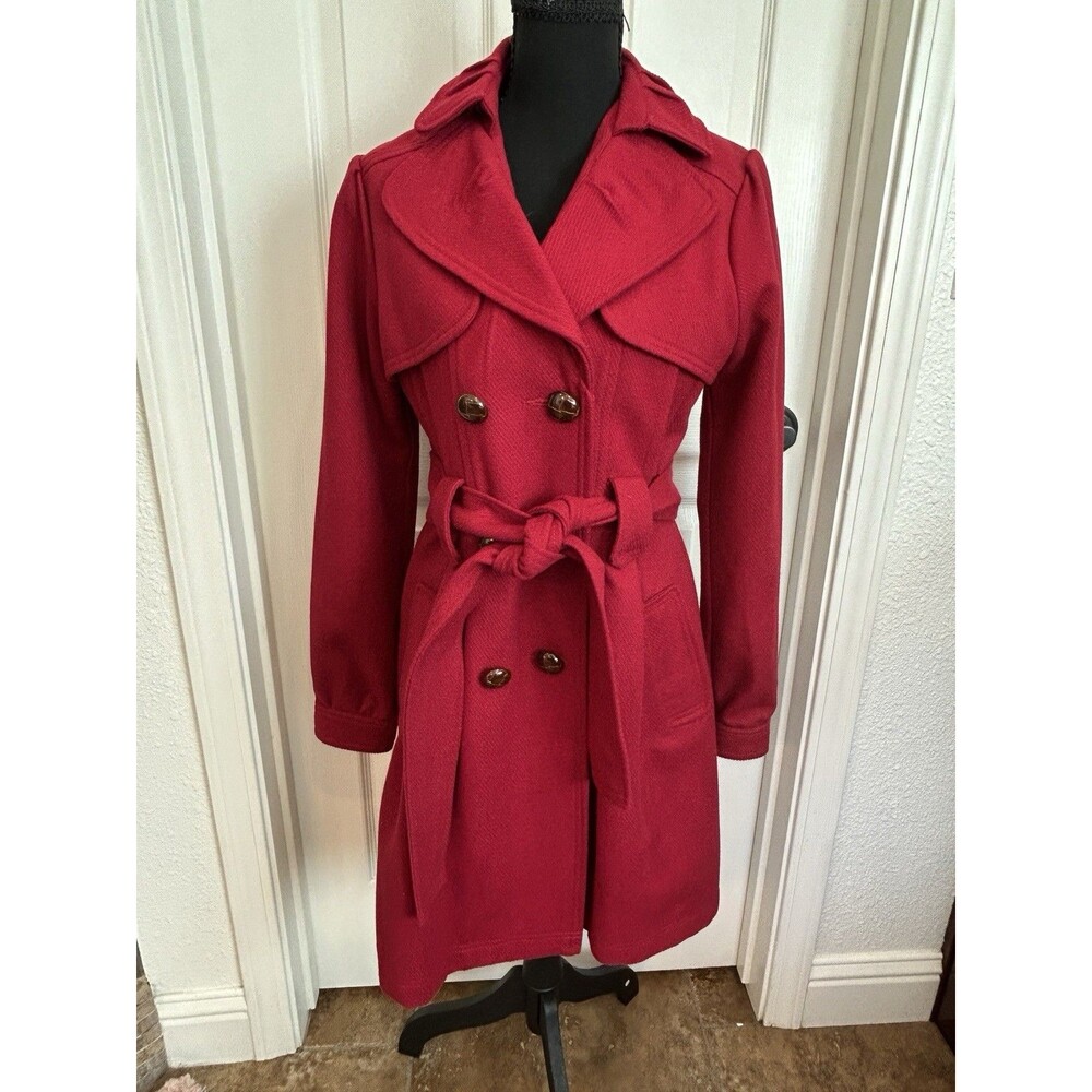 Sashami Women’s Red Pea Coat Double Breasted Belted Lined Mid-Length Size S